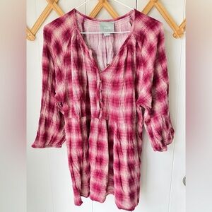 Maeve Anthropologie Cavalon Boho Crinkle Button Front Tunic Pink Plaid